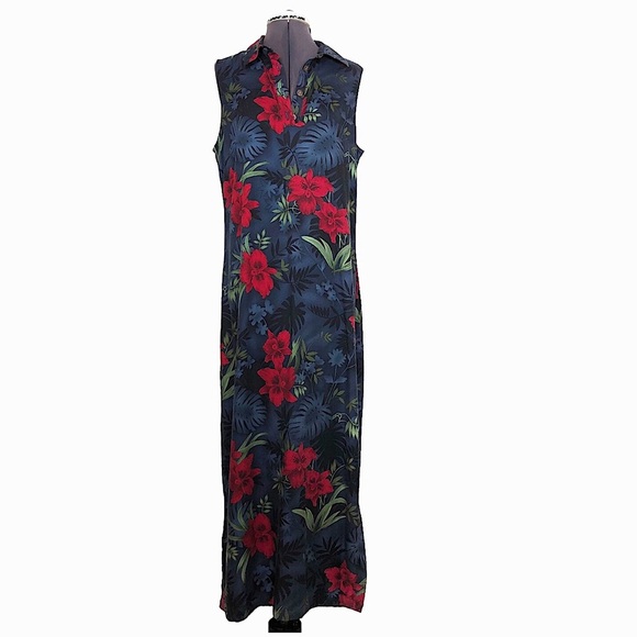 Caribbean Joe Rayon Collar Sleeveless 1/4 Buttoned Hawaiian Floral Maxi Dress M - Picture 1 of 16